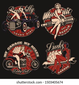 Set of vintage pin up girls on the dark background, vector illustrations for apparel
