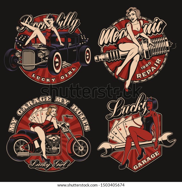 Set of vintage pin up girls on\
the dark background, vector illustrations for\
apparel