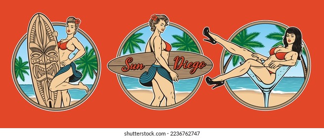 Juego de vintage Pin up Girls Surfers, estos diseños se pueden usar como diseños de camisetas