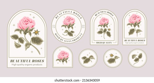 Conjunto de flores rosadas vintage para la belleza femenina elementos de logotipo floral y colección de plantillas de ilustraciones vectoriales de etiqueta con rama de hoja y marco