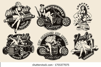 Set of vintage pin-up girls for apparel, logos, posters, and many other uses.