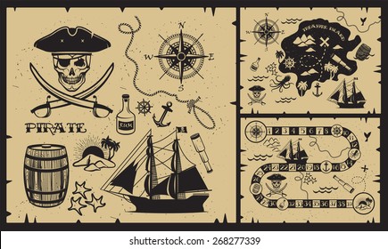 Set of vintage pirate elements. Pirate themed design elements.