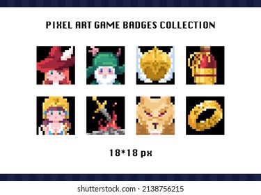 Set of vintage pixel gaming stickers. 8 bit mosaic pixel art illustration labels or icons of mage, elden druid, valkyrie helmet, potion, fantasy girl, bonfire, wolf and magic ring. Stream badges.