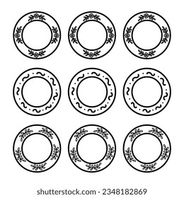 Set of vintage plates with different decorated. Kitchen utensils, tableware in old style. Black and white vector isolated illustration hand drawn doodle