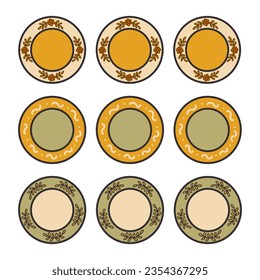 Set of vintage plates with different decorated. Kitchen utensils, tableware in old style. Colorful vector isolated illustration hand drawn doodle with contour