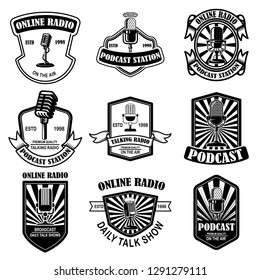 Set of vintage podcast, radio emblems with microphone. Design element for logo, label, sign, badge, poster. Vector illustration