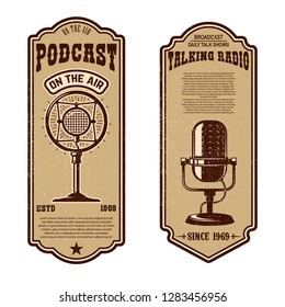 Set of vintage podcast, radio flyers with microphone. Design element for logo, label, sign, badge, poster. Vector illustration