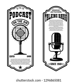 Set of vintage podcast, radio flyers with microphone. Design element for logo, label, sign, badge, poster. Vector illustration