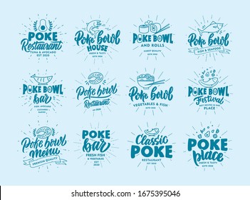 Set of vintage Poke bowl emblems and stamps. Fish bar badges, stickers on blue background with rays. Collection of retro logos with hand-drawn text, phrases. Vector illustration.