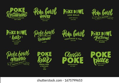 Set of vintage Poke bowl phrases. Green emblems, badges, templates, stickers on black background. Collection of retro logos with hand-drawn text. Vector illustration