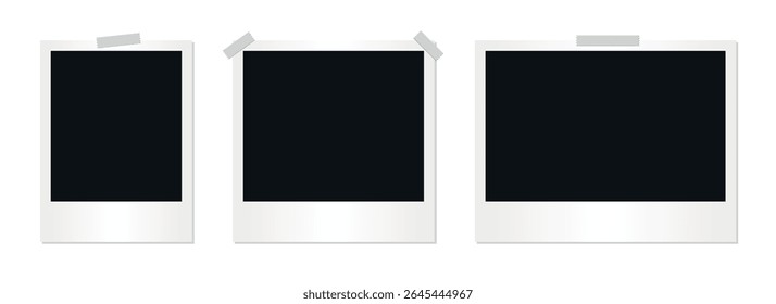 Set of vintage polaroid photo frames with black center and sticky tape isolated on transparent background for collage memory template retro scrapbook design or photography layout presentation