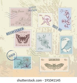 Set of vintage post stamps, vector design element