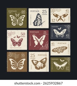 Set of vintage Postage Stamp. Retro Printable post stamp with Butterflies. Aesthetic cutout Scrapbooking elements for wedding invitations, notebooks, journals, greeting cards, wrapping paper