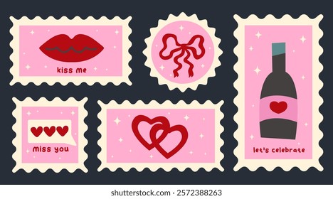 Set of vintage postage stamps. Collection of hand drawn pink Valentine`s Day sticker. Vector romantic icons pack in retro style. Design concept for 14 February.