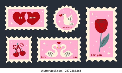 Set of vintage postage stamps. Collection of hand drawn pink Valentine`s Day sticker. Vector romantic icons pack in retro style. Design concept for 14 February.