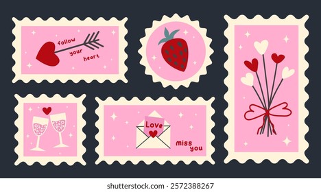 Set of vintage postage stamps. Collection of hand drawn pink Valentine`s Day sticker. Vector romantic icons pack in retro style. Design concept for 14 February.