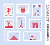 Set of vintage postage stamps Paris, France vector postcard. Travel to France Eiffel Tower, Seine, Arc de Triomphe, city view