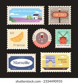 Set of vintage postage stamps Paris, France vector postcard. Travel to France Eiffel Tower, Seine, Arc de Triomphe, city view