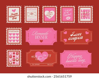 Set of Vintage Postage Stamps. Trendy Love Stickers. Happy Valentine`s Day. 14 February. Cool Patches Collection.