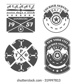 Set of vintage postal and courier services retro emblems, signs, labels, badges and design elements