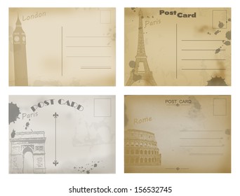 Set of vintage postcard designs with London, Paris and Rome, vector illustration