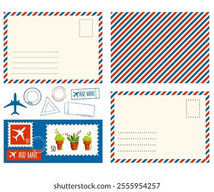 Set of vintage postcard with red and blue frame and postmarks. Air mail card, frame of retro envelope, postage stamps and postage rubber stamps. Vector illustration EPS8