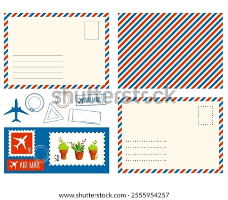 Set of vintage postcard with red and blue frame and postmarks. Air mail card, frame of retro envelope, postage stamps and postage rubber stamps. Vector illustration EPS8