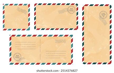 Conjunto de modelos de cartão postal vintage com textura, cartão postal em branco, borda, correio aéreo, listras, vetor