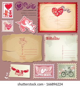 Set of vintage postcards and post stamps for Valentines Day design.