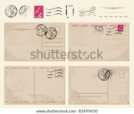 set of vintage postcards with stamps