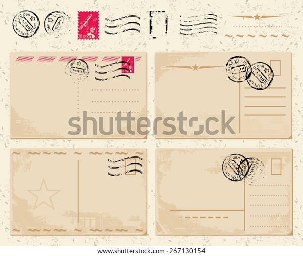 set\
of vintage postcards with stamps on shabby\
background