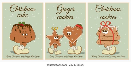 set of vintage postcards,posters with cupcake pastries, ginger cookies, gingerbread.Cartoon cute Christmas and New Year sweets for the menu of restaurants, cafes.Vector illustration in retro 50s style
