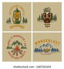 Set of  Vintage poster designs with mountains, forest silhouettes, campfire, tourist backpack. For poster, banner, emblem, sign, logo. Vector illustration