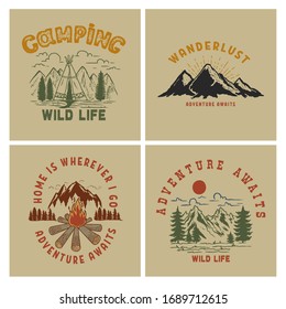 Set of  Vintage poster designs with mountains, forest silhouettes, campfire, tourist backpack. For poster, banner, emblem, sign, logo. Vector illustration