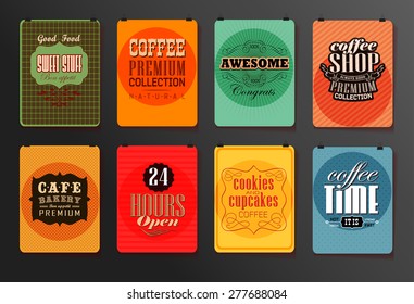 Conjunto de plantillas de póster, volante y diseño de folletos Vintage.  Etiquetas y tipografía del café retro, elementos de estilo retro