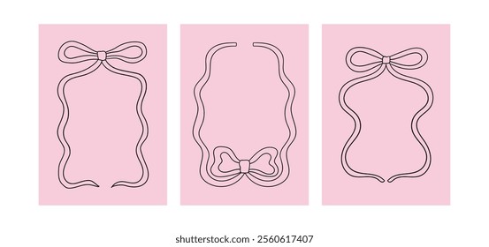 Set of vintage posters with bow frames. Vector outline illustration of wavy ribbons in coquette aesthetic. Greeting card templates in sketch style