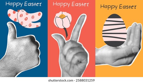 Set of vintage posters with dotted hands with Easter egg, bird and tulip. 