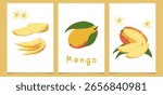 A set of vintage posters featuring ripe mangoes, hand-drawn. A modern botanical print with hand-drawn mangoes, leaves, and flowers.