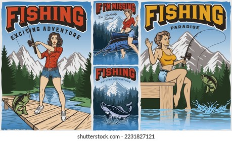 Set of vintage posters for a fishing theme with different pin up girls in vintage style