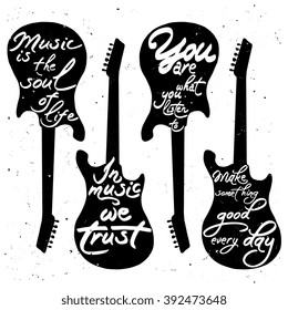 Set of vintage posters with guitars. Vector motivational music quote