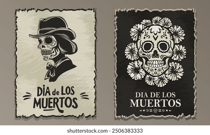 Set of vintage posters with hand drawn la Calavera Catrina (female skeleton figure) and Mexican sugar skull (Calavera) with marigold flowers on ripped paper. Retro postcards for Dia de los Muertos