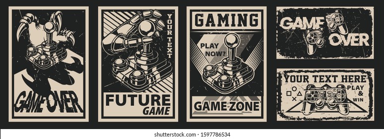 Set of vintage posters on the theme of gaming on a dark background. All elements are in separate groups.