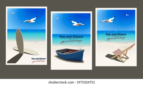 Set of vintage posters on the theme of summer holidays on the seashore, ocean. To create advertising for travel agencies. Interior design.