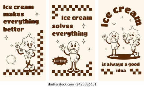 Set of vintage posters with retro ice cream characters. Vector illustration. Funny dessert mascot in retro style. 70's nostalgia. Vector illustration