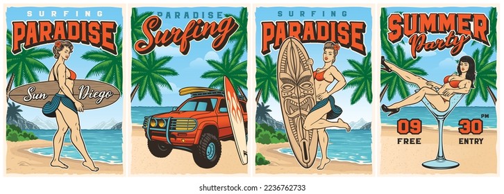 Set of vintage posters for a surfing theme with different pin up girls on the beach