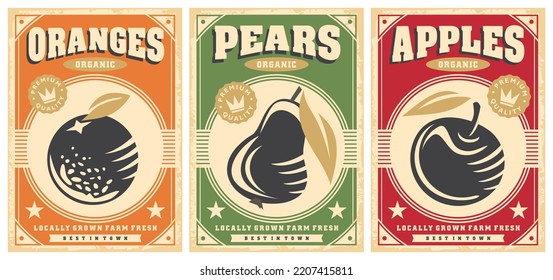 Set of vintage posters with various fruits. Apple, pear and orange vintage collection of advertisements and flyers. Vector illustration.