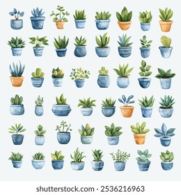 Set of Vintage Potted Plant Watercolor Clipart