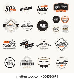 Set of vintage premium quality badges and stickers. Vector illustrations for e-commerce, product promotion, advertising, sell products, discounts, sale, clearance, the mark of quality.