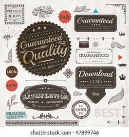 Set Of Vintage Premium Quality And Guaranteed Labels, Engraving Leafs And Flower And Other Vintage Elements For Retro Design. Old Paper Texture.