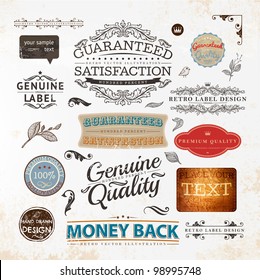 Set of vintage Premium Quality and Guaranteed labels, engraving leafs and flower and other vintage elements for retro design. Old paper texture.